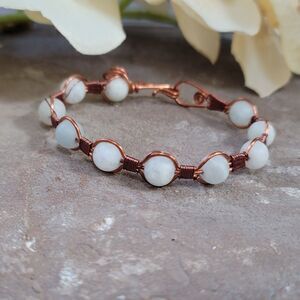 Handmade Aquamarine Copper Wire Wrapped Beaded Bracelet Boho Artisan Jewelry